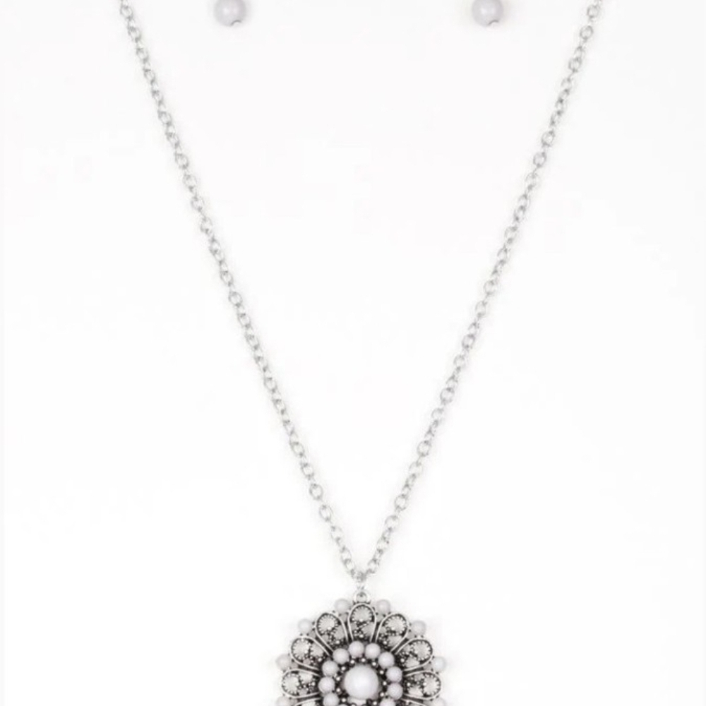 Paparazzi Silver and White Necklace Set Boho Bonanza Silver Pendant Jewelry